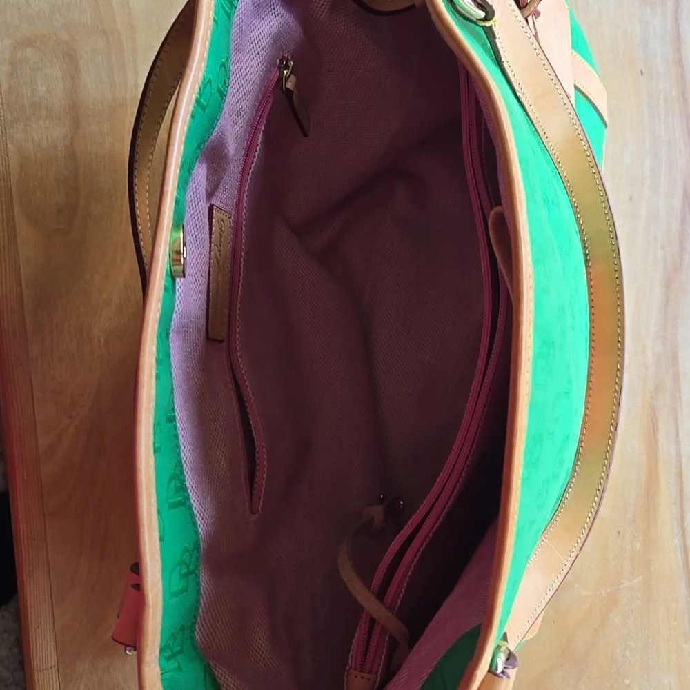 Dooney &Bourke Green and Tan Suede Tote with Leather Trim - Picture 6 of 10